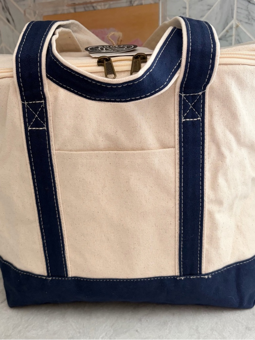 NWT/Whelky Double Insulated Double Zipper Creme Canvas Tote Bag with Navy Trim